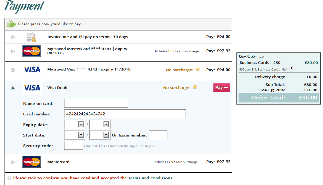 Valid payment cards